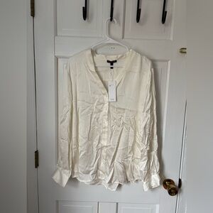 NWT Eileen Fisher Hammered Silk High-Back Band-Collar Blouse in Ivory, Size XL